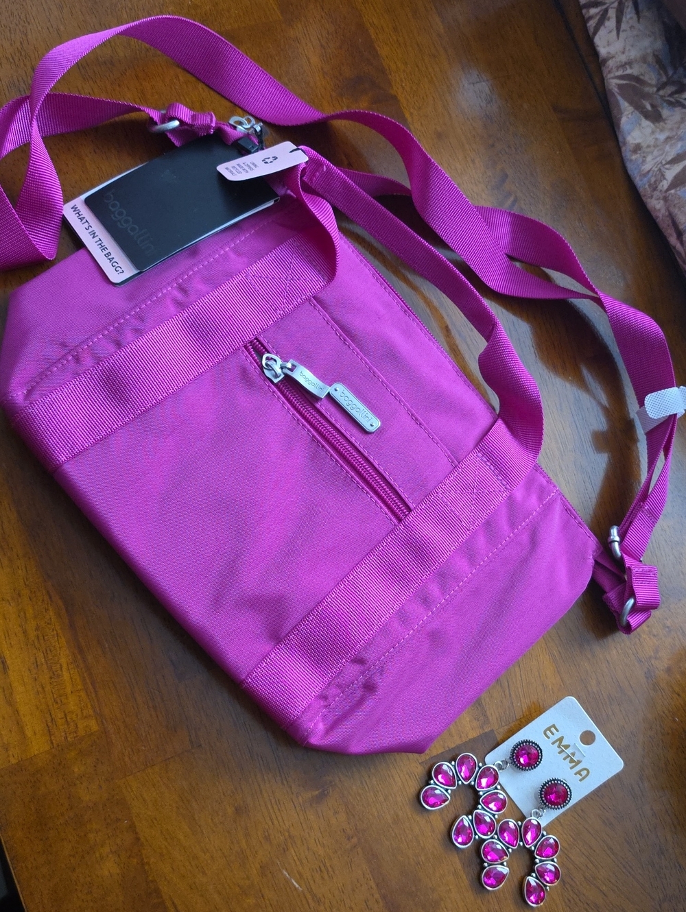 New Baggallini Magenta Crossbody Shoulder Bag, 1 Pair Magenta Gem Dangle Earring
